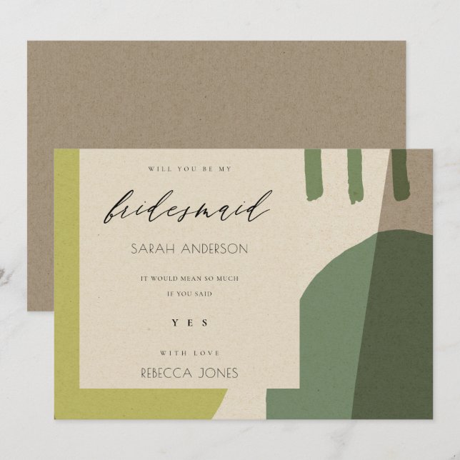 MODERN ABSTRACT GREEN ARTISTIC BE MY BRIDESMAID INVITATION (Front/Back)