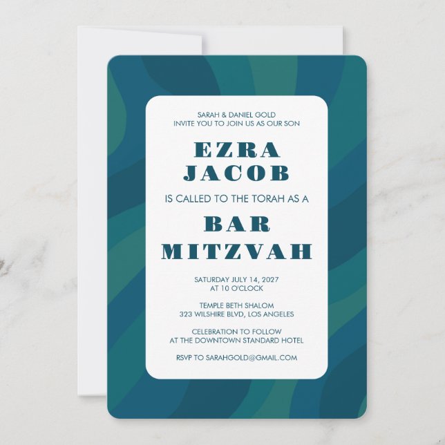 Modern Abstract Green Blue Custom Bar Mitzvah Invitation (Front)