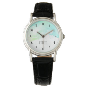 Modern Abstract Green & Blue Watercolor Swirls Watch