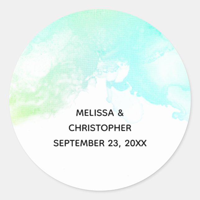 Modern Abstract Green & Blue Watercolor Wedding Classic Round Sticker (Front)