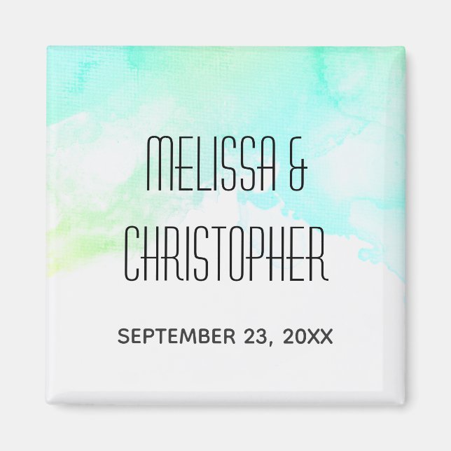  Modern Abstract Green & Blue Watercolor Wedding Magnet (Front)