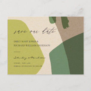 MODERN ABSTRACT GREEN KRAFT ARTISTIC SAVE THE DATE ANNOUNCEMENT POSTCARD