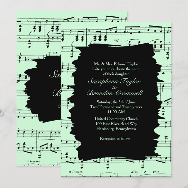 Modern Abstract Green Music Wedding Invite (Front/Back)