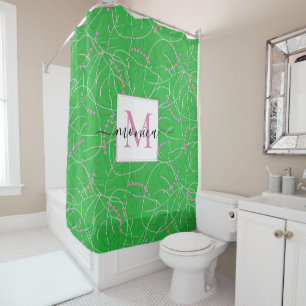 Modern Abstract Green Pink White Monogram Floral