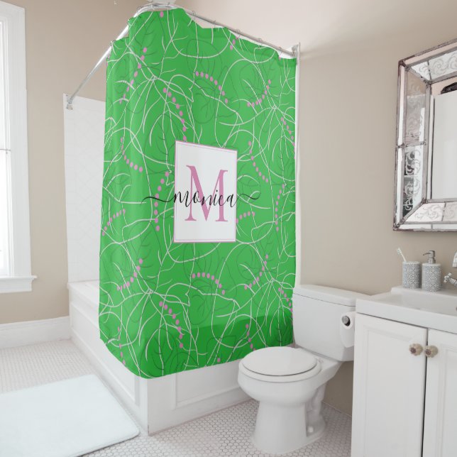 Modern Abstract Green Pink White Monogram Floral (In Situ)