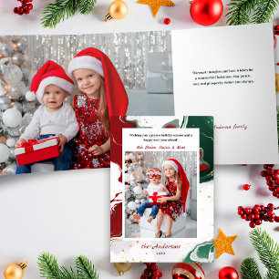 Modern Abstract Green/Red Christmas Photo Tri-Fold Card
