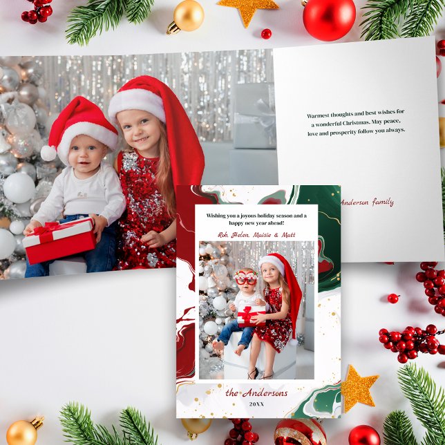 Modern Abstract Green/Red Christmas Photo Tri-Fold Card (Creator Uploaded)