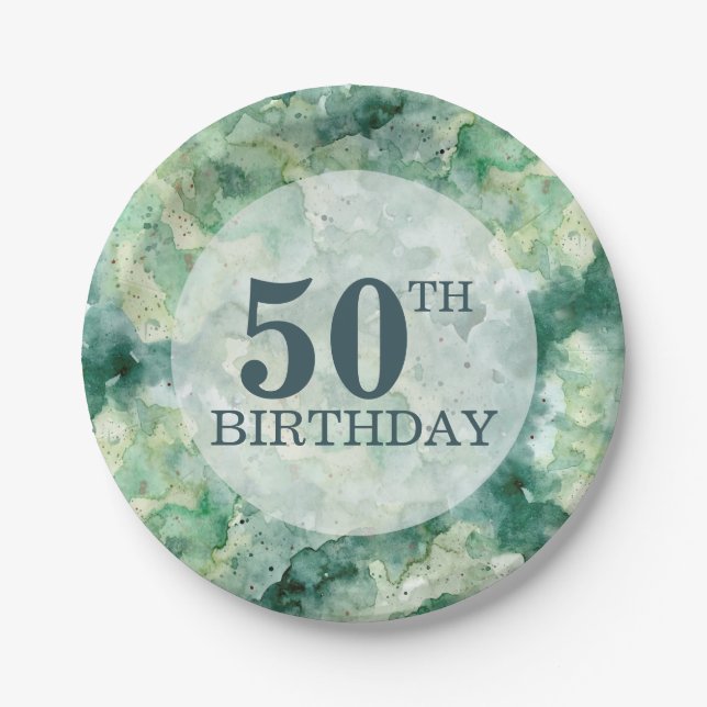 Modern Abstract Green Watercolor Birthday Paper Plate (Front)