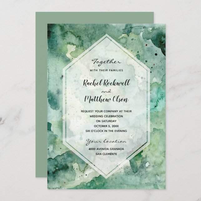 Modern Abstract Green Watercolor Wedding Invites (Front/Back)