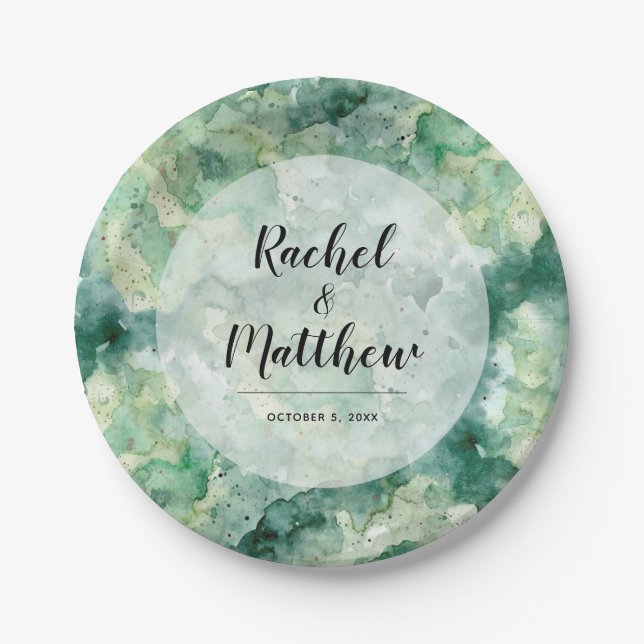 Modern Abstract Green Watercolor Wedding Paper Plate (Front)
