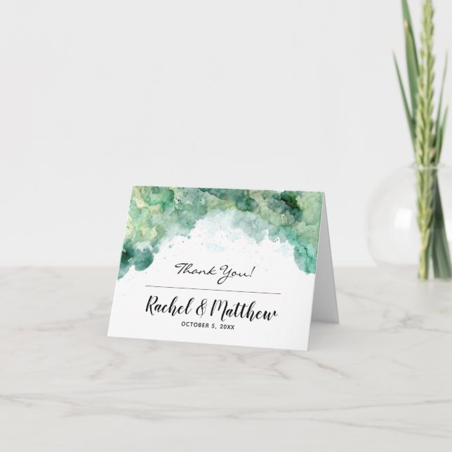 Modern Abstract Green Watercolor Wedding Thank You (Front)