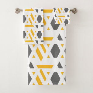 Modern, abstract, grey, mustard yellow, white bath towel set