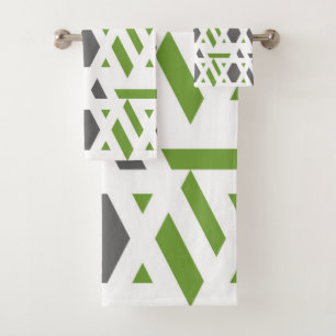 Modern, abstract, grey, olive green, white bath towel set