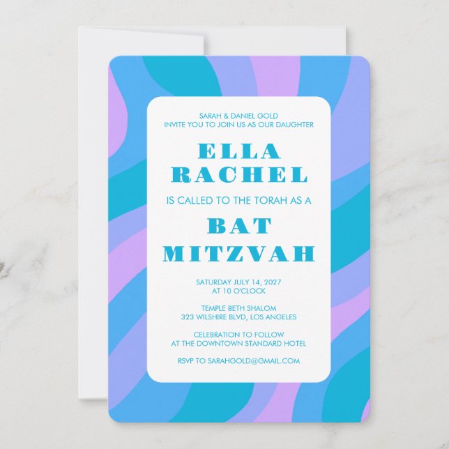 Modern Abstract Groovy Pink Blu Custom Bar Mitzvah Invitation (Front)