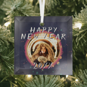 Modern Abstract Happy New Year 2023 Photo Glass Ornament