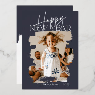 Modern abstract happy new year brushstroke blue foil holiday card