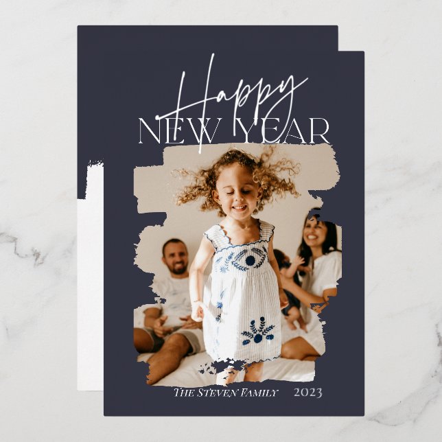 Modern abstract happy new year brushstroke blue foil holiday card (Front/Back)