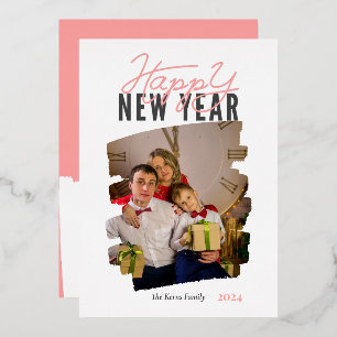 Modern abstract happy new year brushstroke pink foil holiday card