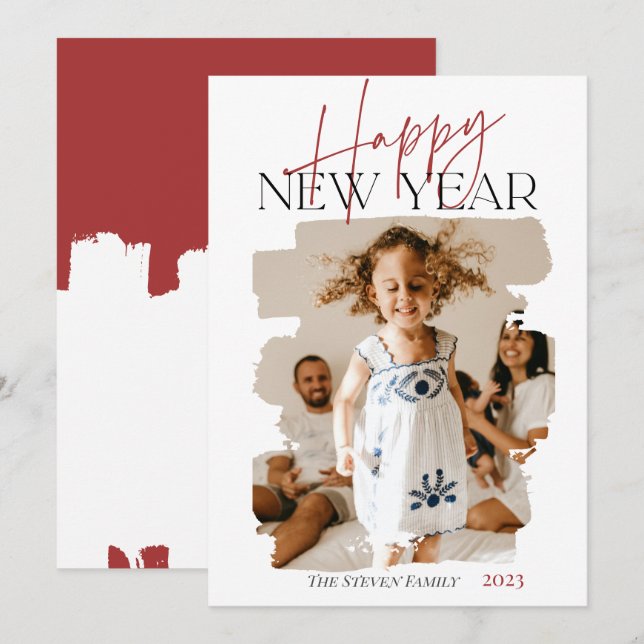 Modern abstract happy new year brushstroke red holiday card (Front/Back)