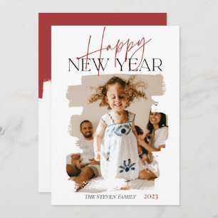 Modern abstract happy new year brushstroke red holiday card