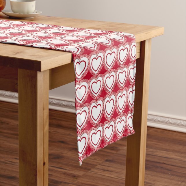 Modern Abstract Hearts - Red and White Short Table Runner (In Situ)