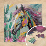 Modern Abstract Horse and Succulents Jigsaw Puzzle<br><div class="desc">A vibrant, modern abstract painting depicting a horse surrounded by cacti and succulents in soft pastel colours. The horse is rendered with splashes of bold colour, while the desert plants are painted with a mix of muted greens, pinks, and blues. The fusion of organic forms and lively hues creates a...</div>