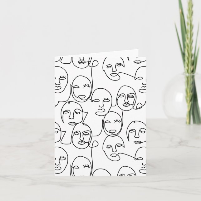Modern Abstract Lines Faces Continuous Line Art Card (Front)