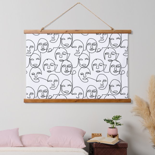 Modern Abstract Lines Faces Continuous Line Art Hanging Tapestry (Bedroom)