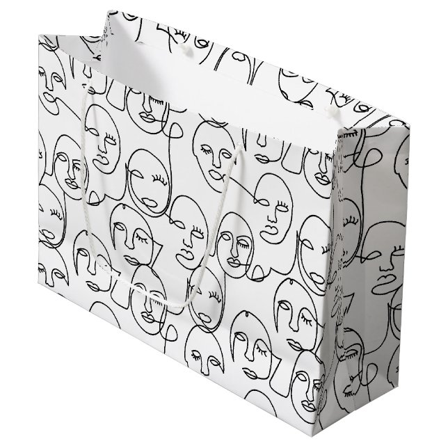 Modern Abstract Lines Faces Continuous Line Art Large Gift Bag (Front Angled)