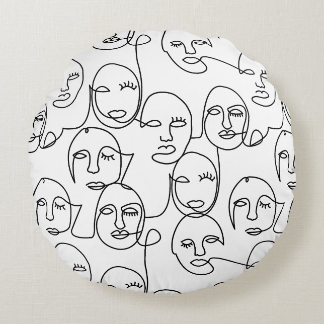 Modern Abstract Lines Faces Continuous Line Art Round Pillow (Front)