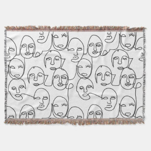 Modern Abstract Lines Faces Continuous Line Art Throw Blanket