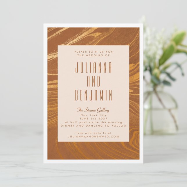 Modern Abstract Marble Swirl Gold Bronze Wedding Invitation (Standing Front)