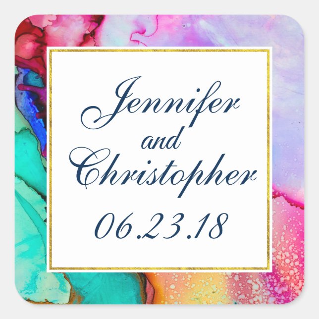 Modern Abstract Marble Watercolor Design Wedding Square Sticker (Front)