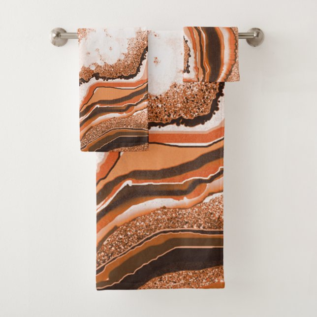 Modern Abstract Marbled Orange Carnelian Gemstone Bath Towel Set (Insitu)
