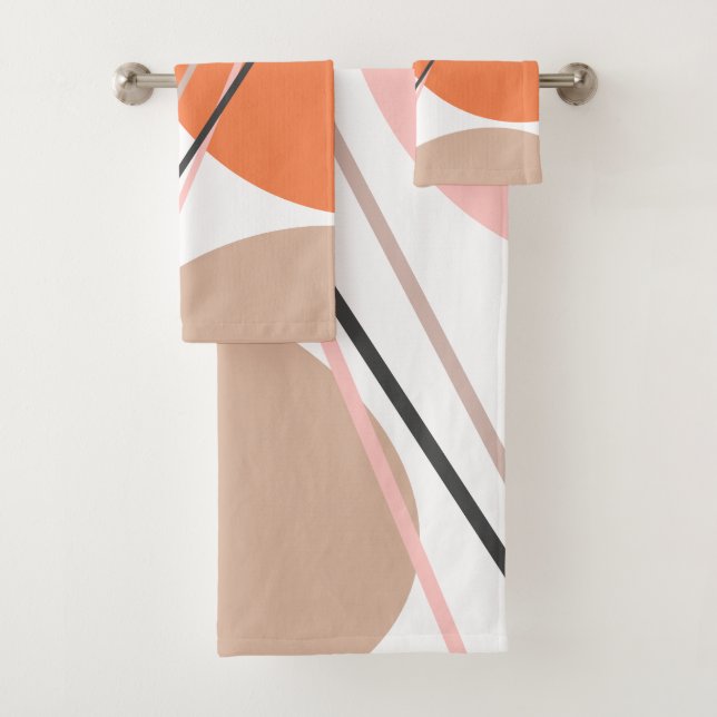 Modern Abstract Mid Century Pink Beige Bath Towel Set (Insitu)