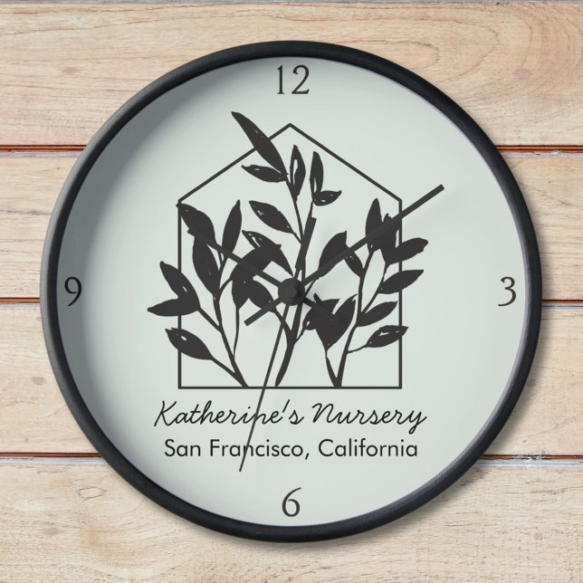 Modern Abstract Minimalist Black Houseplant Clock (In situ wood wall)