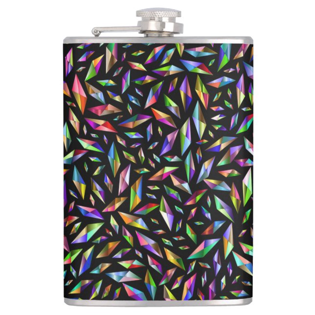 Modern abstract multicolored diamonds on black hip flask (Front)