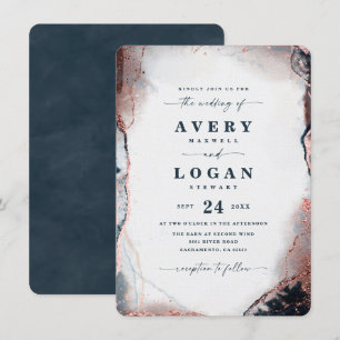 Modern Abstract Navy Blue & Rose Gold Wedding Invitation