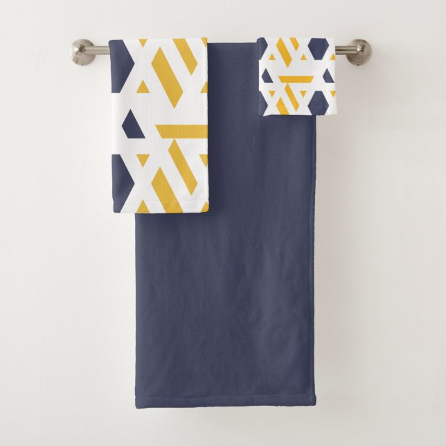Modern, abstract, navy blue, yellow, white pattern bath towel set (Insitu)