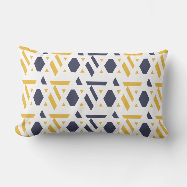 Modern, abstract, navy blue, yellow, white pattern lumbar pillow (Front)