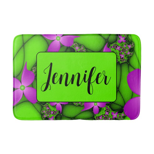 Modern Abstract Neon Pink Green Art Flowers Name Bath Mat (Front)