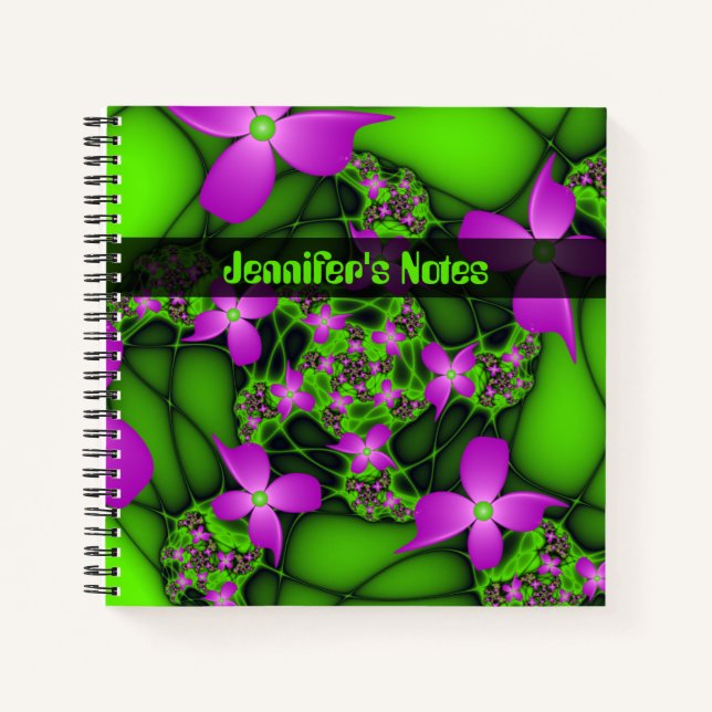 Modern Abstract Neon Pink Green Art Flowers Name Notebook (Front)