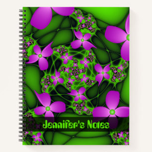 Modern Abstract Neon Pink Green Art Flowers Name Notebook