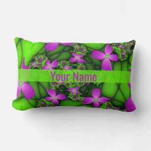Modern Abstract Neon Pink Green Flowers Name Lumbar Pillow