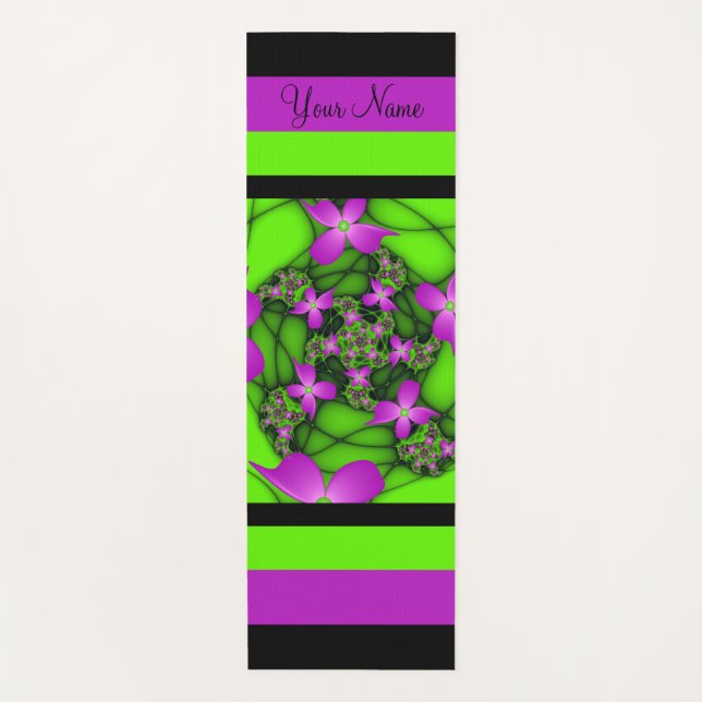 Modern Abstract Neon Pink Green Fractal Art Name Yoga Mat (Front)