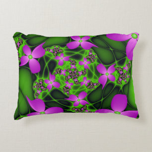Modern Abstract Neon Pink Green Fractal Flowers Accent Pillow
