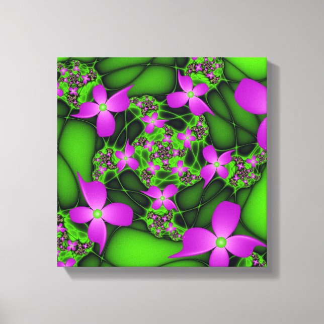 Modern Abstract Neon Pink Green Fractal Flowers Canvas Print (Front)