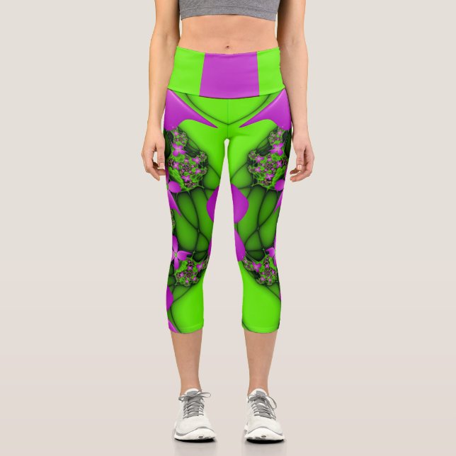 Modern Abstract Neon Pink Green Fractal Flowers Capri Leggings (Front)