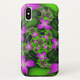 Modern Abstract Neon Pink Green Fractal Flowers iPhone XS Case