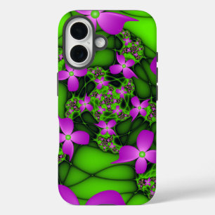 Modern Abstract Neon Pink Green Fractal Flowers iPhone 16 Case